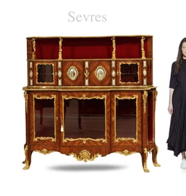 19th C. Sevres Hand Painted Porcelain Plaques Figural Bronze Vitrine Cabinet