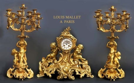 19th C. Large French Louis Mallet Figural Bronze Clock Set