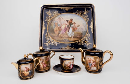 19th C. Royal Vienna Hand Painted Cobalt Porcelain Tea Set, Hallmarked