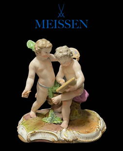 19th C. German Meissen Hand Painted Porcelain Figurine Group, Signed: 19th C. German Meissen Hand Painted Porcelain Figurine Group, Signed. 4.5" H x 5" x 3"