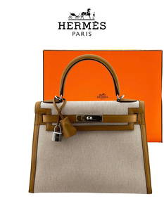 HERMES Kelly 28 Toile & Brown Swift Bag: HERMES Kelly 28 Toile & Brown Swift With Palladium hardware Bag.