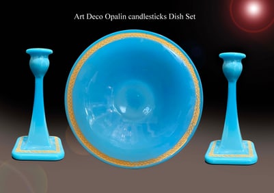 An Art Deco Blue Opaline Candlesticks Dish set