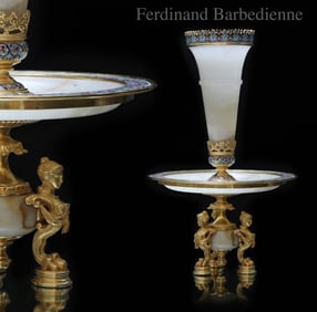 19th C. Ferdinand Barbedienne (1810-1892) Champleve Gilt Bronze Onyx Figural Centerpiece