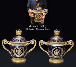 A Pair Of Museum Quality 19th Century Sevres Napoleon Porcelain Bronze Covered Vases
