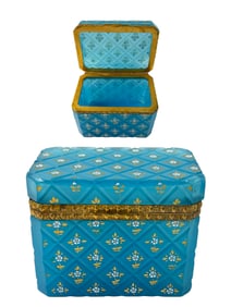 A Hand Painted Blue Opaline Glass Covered Jewelry Box