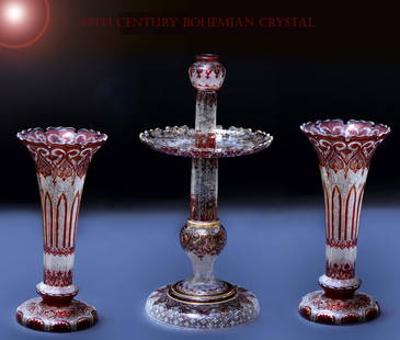 19th Century Bohemian Hand Painted Gilt Crystal Garniture Set: 19th Century Bohemian Hand Painted Gilt Crystal Garniture Set. Centerpiece: H 19.75" x D 10", Vases: H 14.25" x D 6.75"