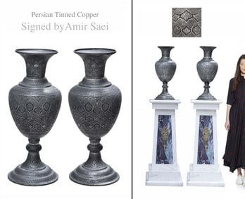A Pair Of Large Persian Amir Saei Signed Tinned Copper Vases