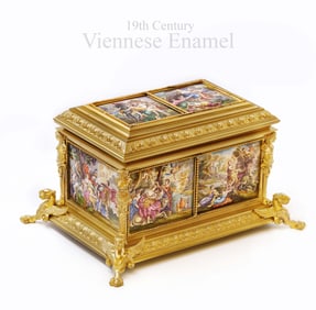 19th C. Viennese Hand Painted Plaques Figural Bronze Jewelry Box