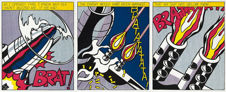 As I Opened Fire, Vintage Roy Lichtenstein Triple Exibition Poster Prints: As I Opened Fire 1964, A Roy Lichtenstein Triptych Lithography print posters (3 panels). This is a lithography from the painting As I Opened Fire (1964) in the collection of the Stedelijk Museum,