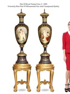 Extremely Rare A Pair Of Monumental 19th C. Royal Vienna Lidded Urns/Vases: Extremely Rare Pair Of Monumental Unsurpassed Quality 19th C. Austrian Royal Vienna Hand Painted Porcelain Lidded Urns/Vases, Circa 1880. Note: The pair of pedestals are NOT included! H 41"