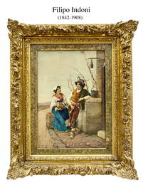 The Musician Couple, An Italian  Filipo Indoni (1842-1908) Watercolor Painting, Signed