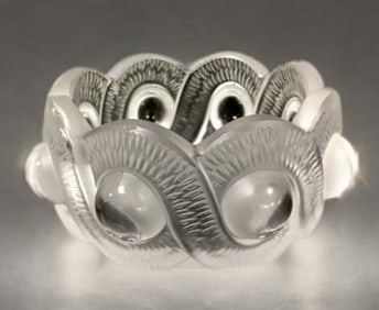 A Rare French Lalique Frosted Art Glass Crystal Fleur De Lis Round Candy Bowl, Signed