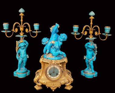19th Century French Sevres Figural Blue Porcelain Bronze Clock Set: 19th Century French Sevres Figural Blue Porcelain Bronze Clock Set. Clock: 8" x 9.5" x 15" H, Candelabras: 10" x 5" x 18" H