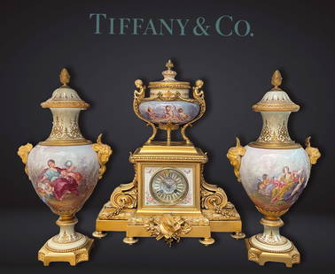 19th C. Tiffany & Co. Sevres Hand Painted Signed L. MALPASS & Bronze Clock Set: 19th C. French Tiffany & Co. Sevres Hand Painted Porcelain SIGNED L. MALPASS & Bronze Clock Set. clock: 17" x 8" x 20" H, Vases: 18" x 9"