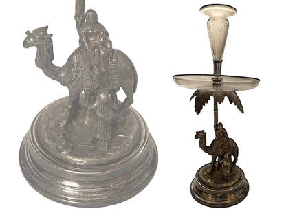 19th C. English Figural Silver-Plated Crystal Centerpiece: 19th C. English Figural Silver-Plated Crystal Centerpiece. 18.5" H x 8" D