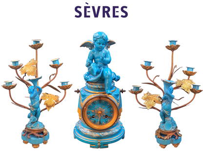 19th C. French Sevres Blue Porcelain Bronze Figural Clock Set: 19th C. French Sevres Blue Porcelain Bronze Figural Clock Set. Clock: 12.5" x 6"; Candelabras: 15.5" x 9.5"