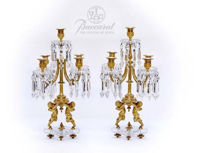A Pair Of 19th C. French Baccarat Crystal 5 Arms Figural Dore Bronze Candelabras: A Pair Of 19th Century French Baccarat Crystal 5 Arms Figural Dore Bronze Candelabras.