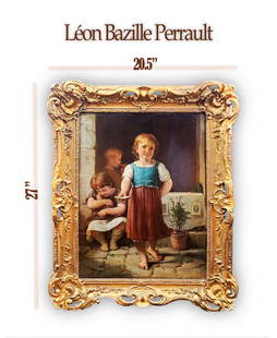 Children Still Life, 19th C. Oil On Canvas Framed Painting, Leon Bazille Perrault (1832 - 1908): Children Still Life, 19th C. French Oil On Canvas Framed Painting, Leon Bazille Perrault (1832 - 1908). Total size: 27" x 20.5". About Artist: Leon-Jean-Bazille Perrault (Poitiers 16 June 1832 â&euro