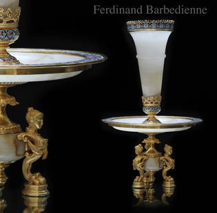 19th C. Ferdinand Barbedienne (1810-1892) Champleve Gilt Bronze Onyx Figural Centerpiece: 19th Century French Ferdinand Barbedienne (1810-1892) Champleve Gilt Bronze Onyx Figural Centerpiece. H 18" x W 11". About Artist: Ferdinand Barbedienne (6 August 1810 â&euro;“ 21 March 1892) was a