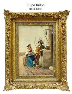 The Musician Couple, An Italian  Filipo Indoni (1842-1908) Watercolor Painting, Signed: The Musician Couple, An Italian Filipo Indoni (1842-1908) Watercolor Painting, Signed. 33" x 25". About Artist: Filipo Indoni, Born: 1842 (Rome, Italy), Died: 1908 (Rome, Italy), Art Movement: Romanti