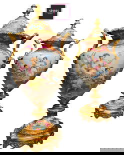 A Pair Of 19th C. Sevres Hand Painted Porcelain Bronze Vases, Signed: A Pair Of 19th C. French Sevres Hand Painted Porcelain Bronze Vases, Signed. H 16.5" x 7.5"