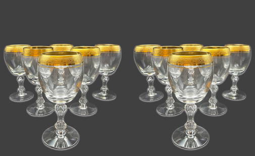 A Set Of Twelve Westchester By Tiffin-Franciscan Gold Encrusted Band  Crystal Wine Glasses: A Set Of Twelve Westchester by Tiffin-Franciscan Gold Encrusted Band Crystal Wine Glasses. 3" D x 7" H