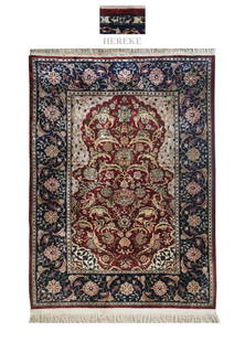 A Fine Turkish Hereke Silk Rug, Signed: Handwoven 100 percent pure silk rug. Signed by master weaver. Handmade in the city of Hereke, Turkey. 50" x 32"