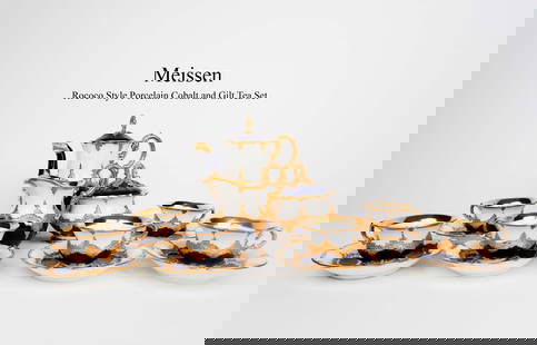 A 20th C. German Meissen Rococo Style Cobalt & Gilt Porcelain Tea Set: A 20th C. German Meissen Rococo Style Cobalt & Gilt Porcelain tea set, hallmarked. Taller piece: H 8"