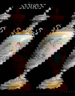 A Pair Of 19th C. French Sevres Hand Painted & Signed Porcelain Bronze Lidded Vases: A Pair Of 19th C. French Sevres Hand Painted & Signed by "PALY" Porcelain Bronze Lidded Vases. H 14" x 4.5" x 4"