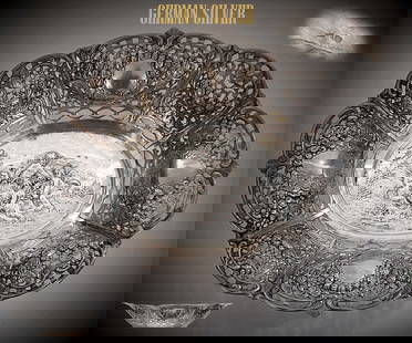 19th C. German Silver 800 Centerpiece, Hallmarked: 19th C. German Silver 800 Centerpiece, Hallmarked. H 3" x L 10" x W 8". Weight: 299 Grams