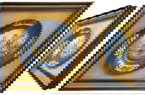 19th C. French Sevres Hand Painted Decorative Plates, Framed: 19th C. French Sevres Hand Painted Decorative Plates, Framed. Plate: H 2" x D 11.5", Frame: 18.75" x 18.5"