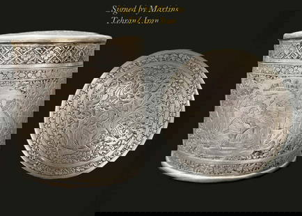 A Persian Engraved Silver Trinket Jewelry Box, Signed: A Persian Engraved Silver Trinket Jewelry Box, Signed by Martin, Tehran / Iran. Weight: 143 Grams. 3" D x 4" H
