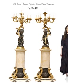 A Pair Of Large 19th C. Figural Patinated Bronze Torchiere Lamps W/ Marble Pedestals
