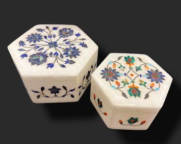 A Set of Two Carved Flowers Alabaster Marble Jewelry Box
