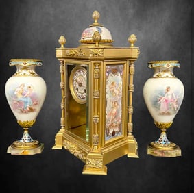 19th C. TIFFANY & Co. Sevres Champleve Bonze Clock Set