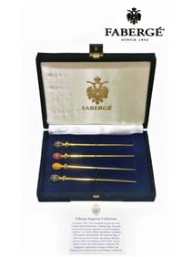 A Faberge Enamel Imperial Egg Cocktail/Sherbet Stirrers In Velvet Box