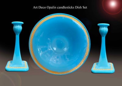 An Art Deco Blue Opaline Candlesticks Dish set