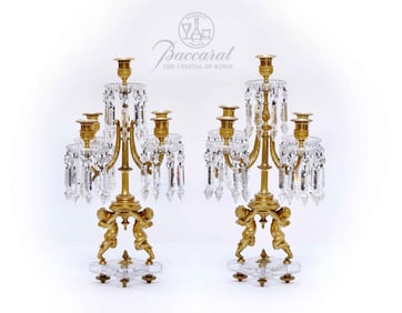 A Pair Of 19th C. French Baccarat Crystal 5 Arms Figural Dore Bronze Candelabras