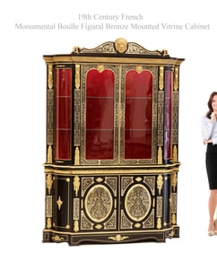 A MONUMENTAL 19TH C. FRENCH BOULLE FIGURAL BRONZE MOUNTED CABINE
