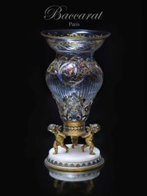 19th C. French Baccarat Crystal Figural Champleve enamel Bronze Centerpiece