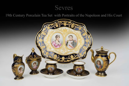 19th C. French Sevres Napoleon Portrait Hand Painted Tea Set, Signed