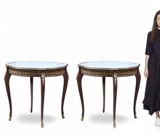 A PAIR OF LOUIS XV STYLE BRONZE-MOUNTED MARBLE-TOP CENTER TABLES