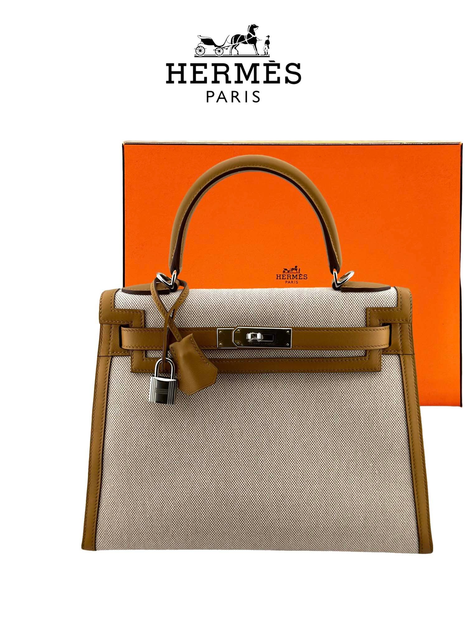 HERMES Kelly 28 Toile & Brown Swift Bag