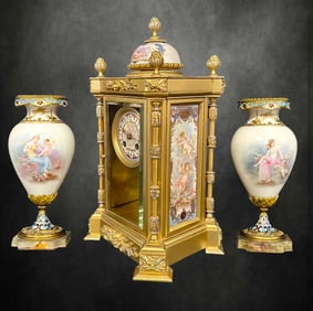 19th C. TIFFANY & Co. Sevres Champleve Bonze Clock Set