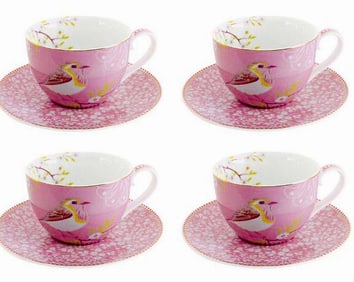 A Set of Four Pink Bird Flower Dogwood Branches Porcelain Cup & Saucer