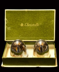 A Pair of French Christofle Silver Plated Bullet Design Salt & Pepper Shakers, Boxed