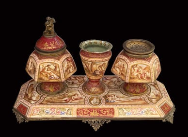 A Fine 19th C. Viennese Enamel On Bronze Inkwell