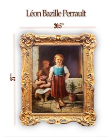 Children Still Life, 19th C. Oil On Canvas Framed Painting, Leon Bazille Perrault (1832 - 1908)