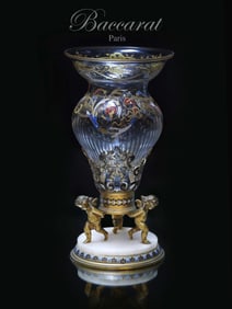 19th C. French Baccarat Crystal Figural Champleve enamel Bronze Centerpiece