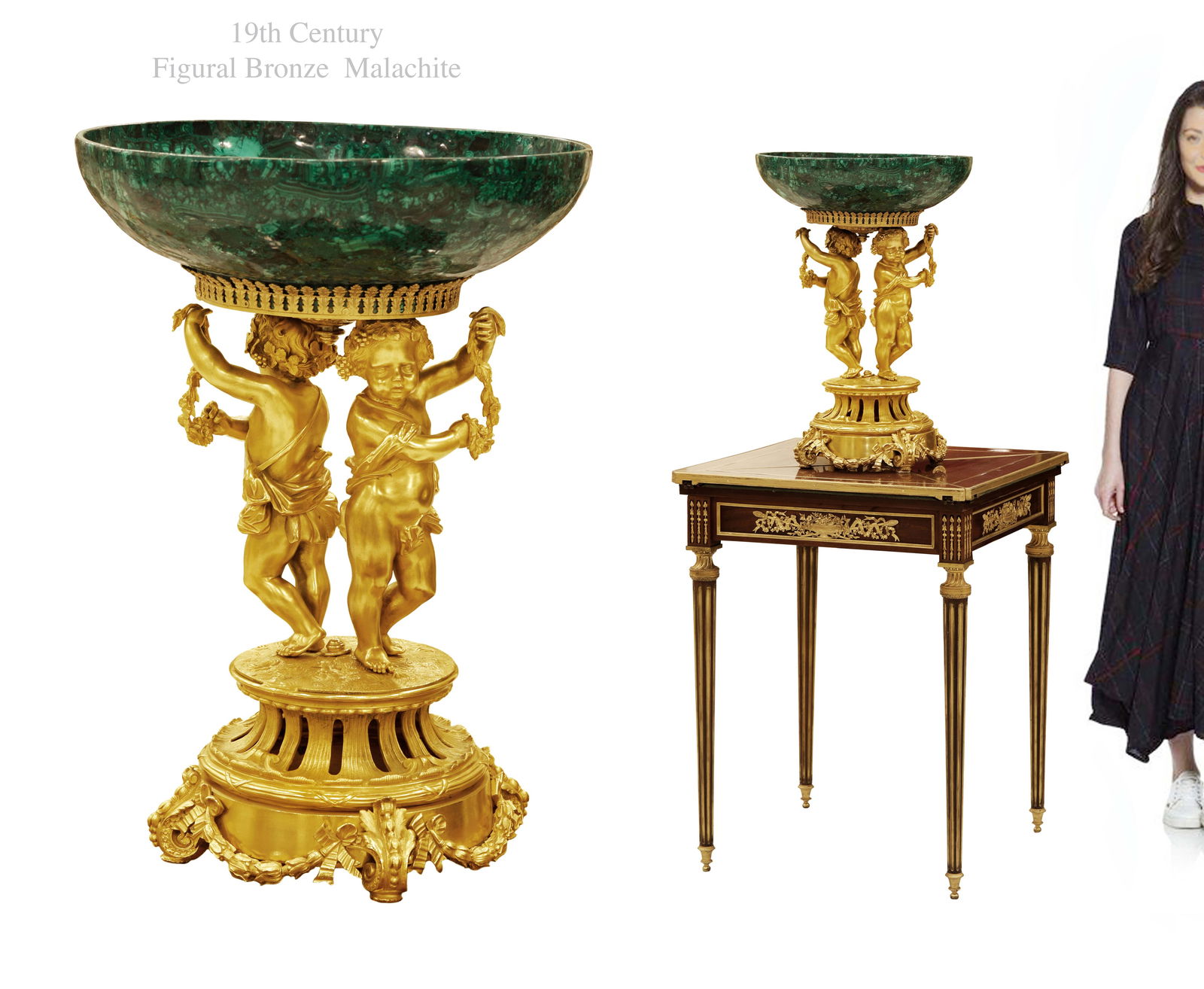 A Large 19th Century French Figural Bronze Malachite Centerpiece: A Large 19th Century French Figural Bronze Malachite Centerpiece. Note: The pedestal is NOT included! H 22.5" x W 15.5"
